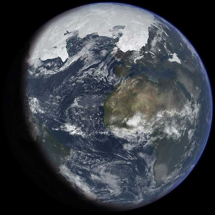 Artist's impression of the last glacial period at glacial maximum, much of the now temperate areas of the earth were covered in ice during the last ice age.