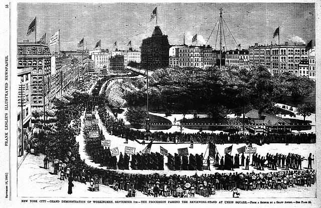 Illustration of the first American Labor parade held in New York City on September 5th, 1882 as it appeared in Frank Leslie's Weekly Illustrated Newspaper's September 16th, 1882 issue.