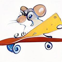 A mouse eating cheese while riding a skateboard