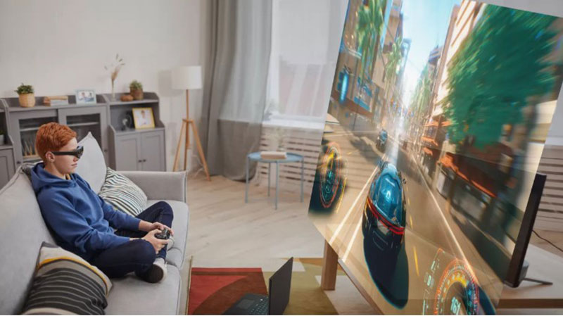 On the light, you can play mobile games on a high contrast, micro-OLED, over 200-inch screen that supports over 16 million colours