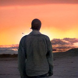 The last man on earth at the end of time watching a sunset