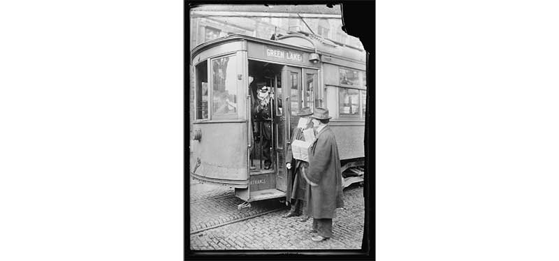 Precautions taken in Seattle, Wash., during the Spanish Influenza Epidemic would not permit anyone to ride on the street cars without wearing a mask