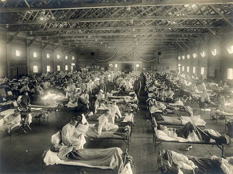 patients in an emergency hospital in Camp Funston, Kansas, in the midst of the influenza epidemic 1918