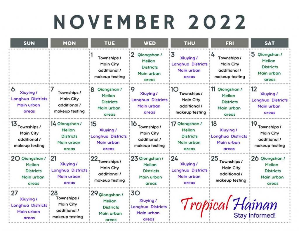 Rolling calendar for November’s testing locations