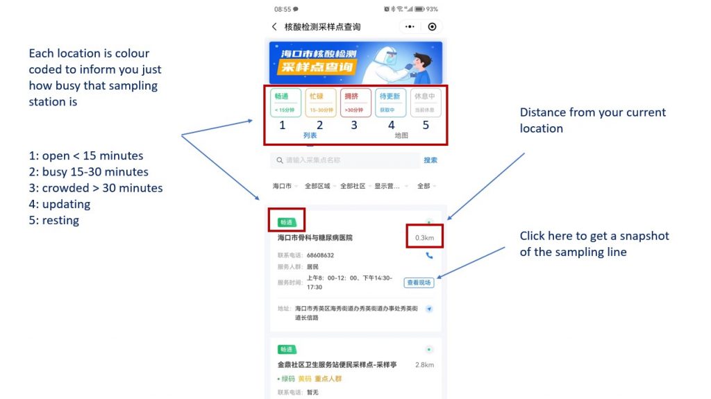 How to find a realtime map of sampling locations in Haikou and finbd the least busy line