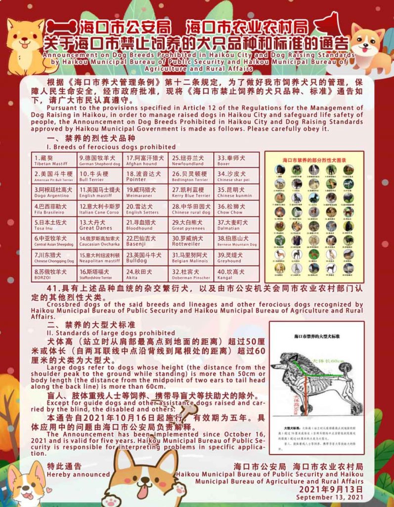 Notice on Prohibited Dog Breeds and Standards in Haikou