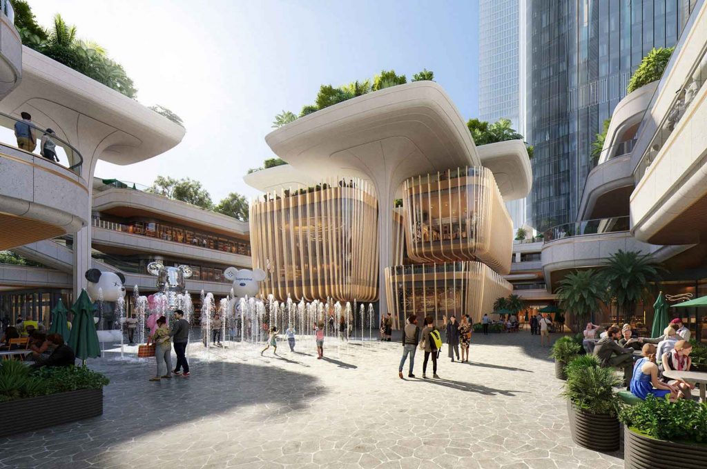 The design links the piazzas with sculptural canopies to construct a multi-layered retail environment