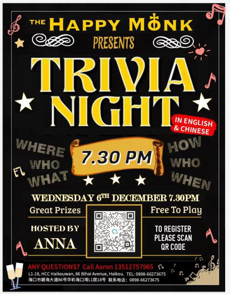 TRIVIA NIGHT at the Happy Monk hosted by ANNA and AARON in English and Chinese