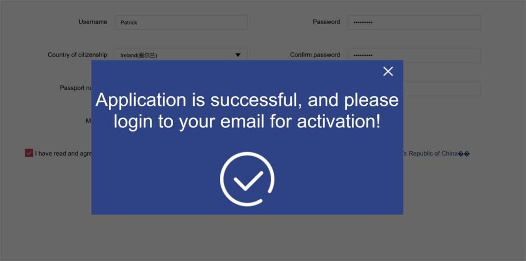 The registration form: note the phone number error for an international format number