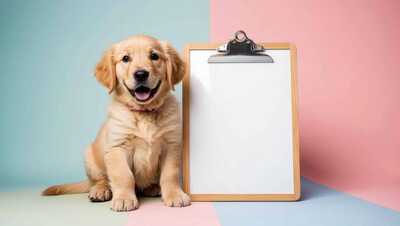 88 cute happy golden retriever puppy sitting blank white frame colorful setting